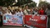 Pakistani journalists rally on the occasion of World Press Freedom Day in Karachi, Pakistan, May 3, 2018.