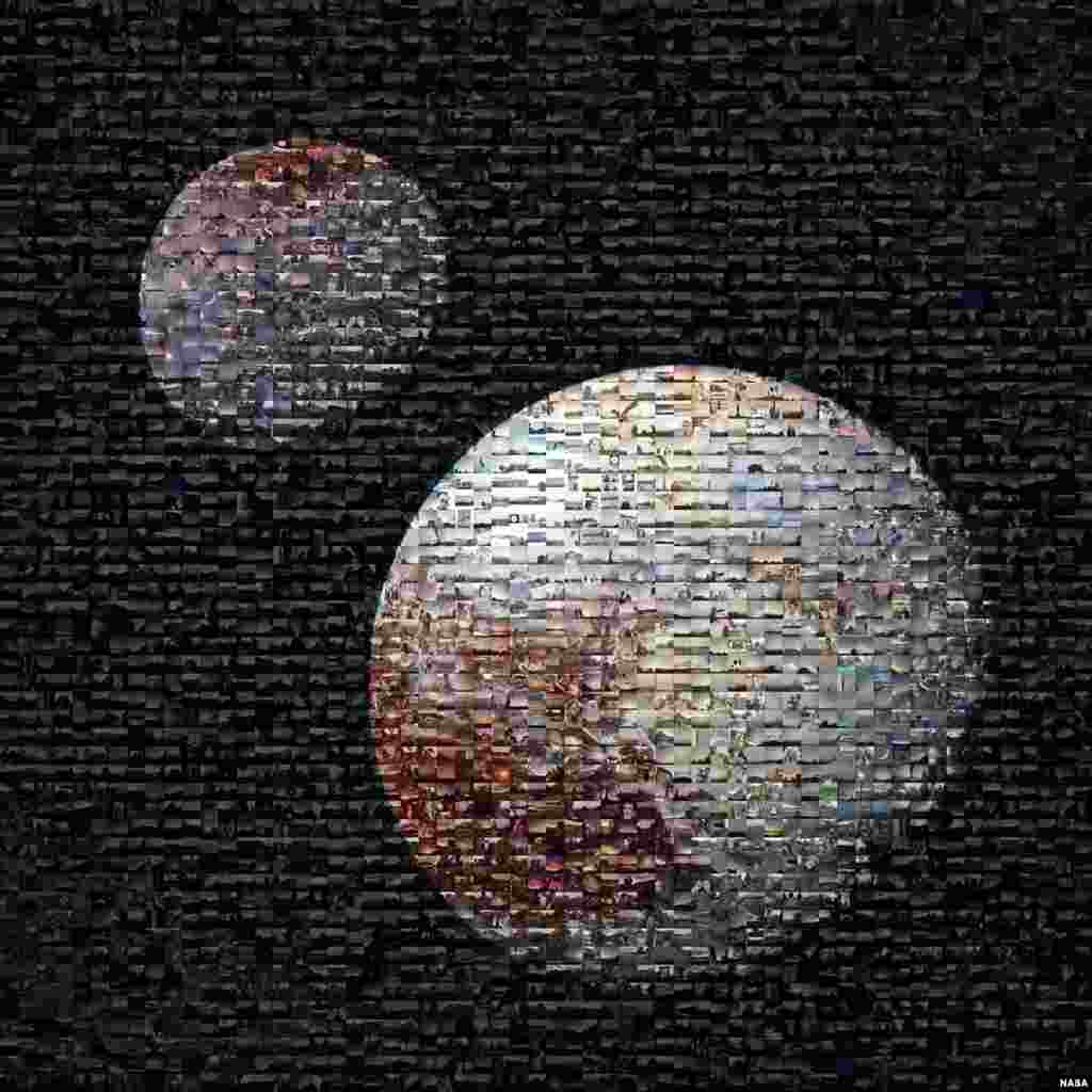 Computer-generated composite view of Pluto and Charon filled with about 2,100 #PlutoTime images shared on social media. NASA is unveiling mosaics of Pluto and its largest moon Charon, representing the global response to its popular "#PlutoTime" social social media campaign.