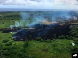In this May 13, 2018 photo released by the U.S. Geological Survey, gases rise from a fissure near Pahoa, Hawaii.