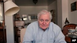 FILE - In this Sept. 29, 2008, file photo, Poet John Ashbery interviewed at his apartment in New York. Ashbery, widely regarded as one of the world's greatest poets, died Sunday, Sept. 3, 2017, at home in Hudson, New York, of natural causes, according to husband, David Kermani. He was 90. 