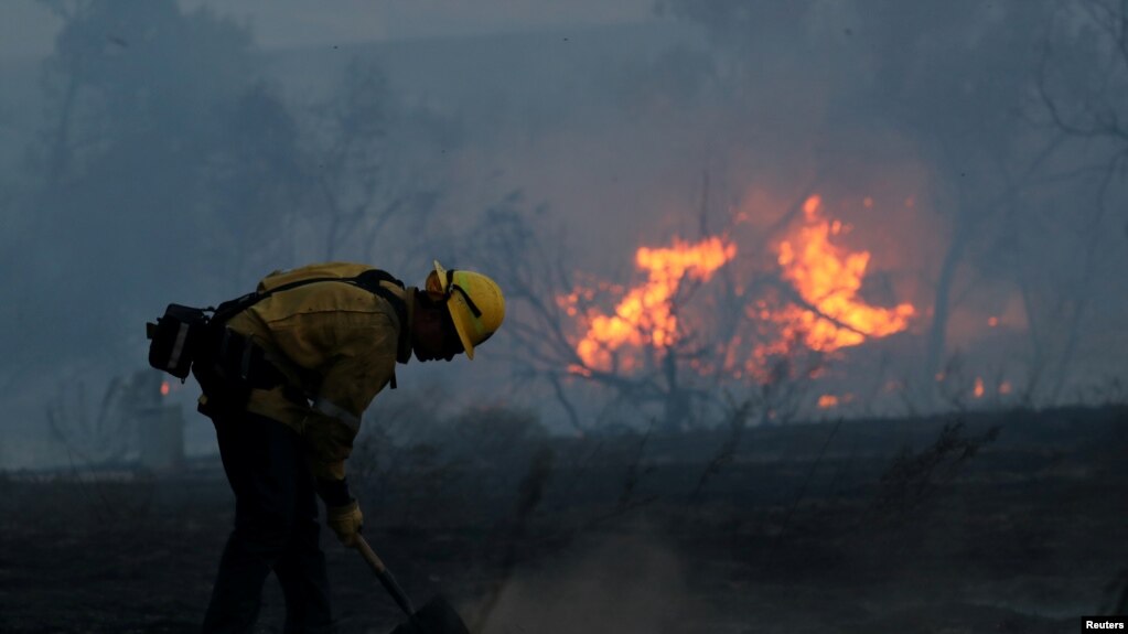 A firefighter works to put out hot spots on a fast-moving wind-driven wildfire in Orange, California, Oct. 9, 2017. 