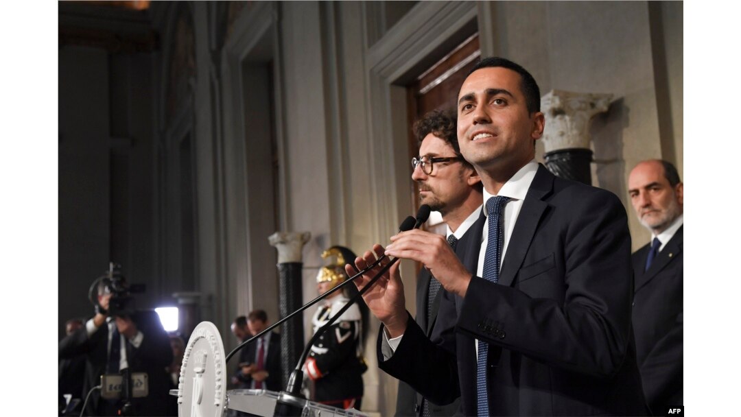 FILE - Anti-establishment Five Star Movement (M5S) leader Luigi Di Maio speaks to the press after a meeting with Italian President Sergio Mattarella as part of consultations of political parties to form a government, on May 14, 2018 at the Quirinale palace in Rome.