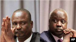 Head of the rebel delegation in Addis Ababa, Taban Deng Gai, left, and the leader of the South Sudanese government's delegation, Nhial Deng Nhial, attend the opening ceremony of peace negotiations in Addis Ababa, Ethiopia, January 4, 2014.