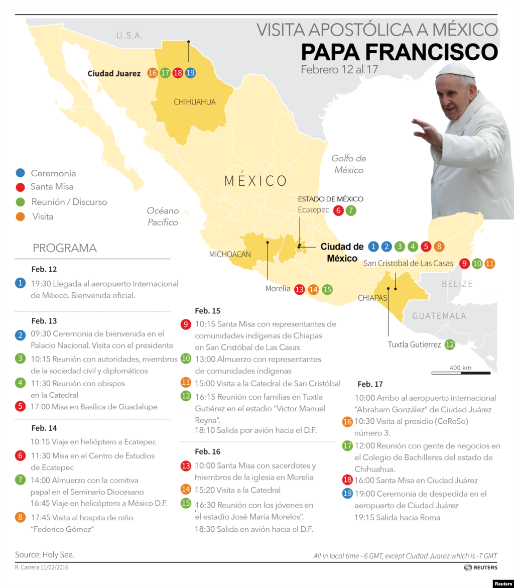 Este es el recorrido de Francisco durante su visita a México programada del 12 al 17 de febrero.