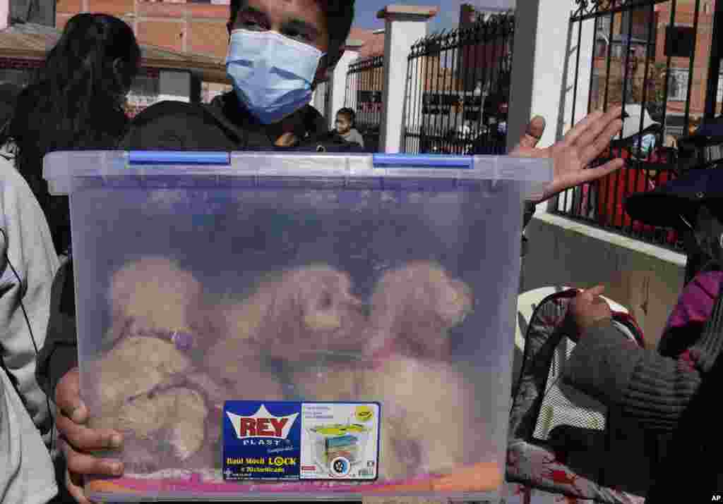 A man keeps his young dogs in a plastic container during a Mass at the parish of Cuerpo de Cristo to celebrate the feast of San Roque, the patron saint of dogs, in El Alto, Bolivia, Aug. 16, 2021.