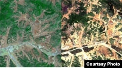 북한 평양지역의 산림 위성사진을 분석한 결과 2005년에 비해 2012년 녹지가 급격히 줄어들고, 산림황폐화가 이미 상당부분 진행 중인 것으로 확인됐다. 한국 산림청이 공개한 북한 평양지역의 2005년(왼쪽)과 2012년의 산림 위성사진. (자료사진)