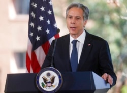 U.S. Secretary of State Antony Blinken speaks about modernizing American diplomacy during a speech at the Department of State's Foreign Service Institute in Arlington, Va., Oct. 27, 2021.