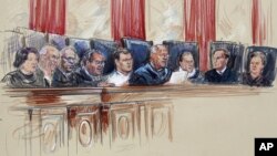 An artist rendering shows Supreme Court Justices from left, Sonia Sotomayor, Stephen Breyer, Clarence Thomas, Antonin Scalia, Chief Justice John Roberts, Anthony Kennedy, Ruth Bader Ginsburg, Samuel A. Alito, and Elena Kagan inside Supreme Court in Washin