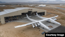 The "Roc" plane is seen outside its hangar. (Stratolaunch)