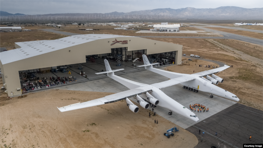 The "Roc" plane is seen outside its hangar. (Stratolaunch)