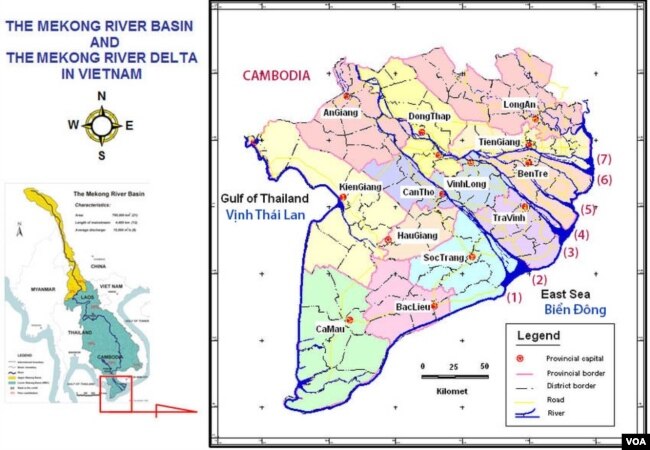 Cửu Long Chín Cửa Hai Dòng, nay chỉ còn Bảy Cửa: Sông Hậu ba cửa nay còn hai: (1) cửa Trần Đề, (2) cửa Định An, (cửa Ba Thắc/ Bassac đã bị lấp). Sông Tiền sáu cửa nay còn năm: (3) cửa Cung Hầu, (4) cửa Cổ Chiên, (5) cửa Hàm Luông, (cửa Ba Lai đã bị đắp đậ