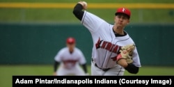 Dovydas Neverauskas of Vilnius, Lithuania, pitches for the Indianapolis Indians. Neverauskas pitched one game for the Pittsburgh Pirates and is now back with the Indianapolis Indians, waiting for another chance.