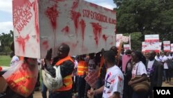 FILE - Protesters carry a mock coffin reading ‘Stop Extrajudicial Killings’ from Uhuru Park to the Supreme Court, in Nairobi, Kenya, July 4, 2016. (J. Craig/VOA)