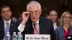 Secretary of State-designate Rex Tillerson testifies on Capitol Hill in Washington, Jan. 11, 2017, at his confirmation hearing before the Senate Foreign Relations Committee. 