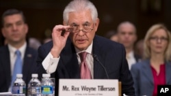 Secretary of State-designate Rex Tillerson testifies on Capitol Hill in Washington, Jan. 11, 2017, at his confirmation hearing before the Senate Foreign Relations Committee. 