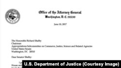 Лист Джеффа Сешнса сенатору-республіканцю від Алабами Річарду Шелбі, який очолює підкомітет з питань комерції, правосуддя і науки у комітеті розвідки