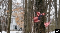 Small American flags have been placed in the trees in front of the Warmbier family home, Friday, Jan. 22, 2016, in Wyoming, Ohio. North Korea on Friday announced the arrest of Otto Warmbier, a university student from Ohio, for what it called a "hostile act" orchestrated by the American government to undermine the authoritarian nation. 