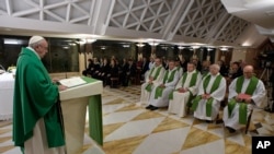 Pope Francis celebrates Mass in the chapel of Santa Marta, at the Vatican, Thursday, Oct. 20, 2016.