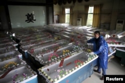 A mortuary worker prepares coffins after a cruise ship sank on the Yangtze River in Jianli, Hubei province, China, June 3, 2015.