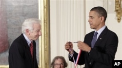 President Barack Obama stands with Stephen J. Benkovic, of Pennsylvania State University, recognized for his accomplishments in organic chemistry, at a ceremony for recipients of the National Medal of Science and the National Medal of Technology and Innov