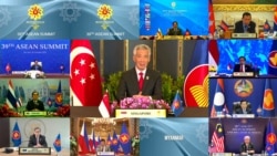 This handout photo released by the host broadcast, ASEAN Summit 2021, on October 26, 2021 shows Singapore's Prime Minister Lee Hsien Loong (C) taking part in the 39th Association of Southeast Asian Nations summit.