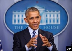 President Barack Obama speaks during a news conference in the briefing room of the White House in Washington, Dec. 16, 2016.