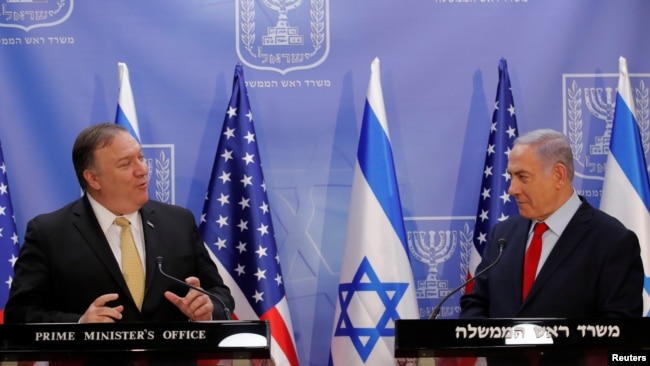 El secretario de Estado de EE. UU., Mike Pompeo, y el primer ministro israelí, Benjamin Netanyahu, pronuncian declaraciones conjuntas durante su reunión en Jerusalén, el 20 de marzo de 2019.
