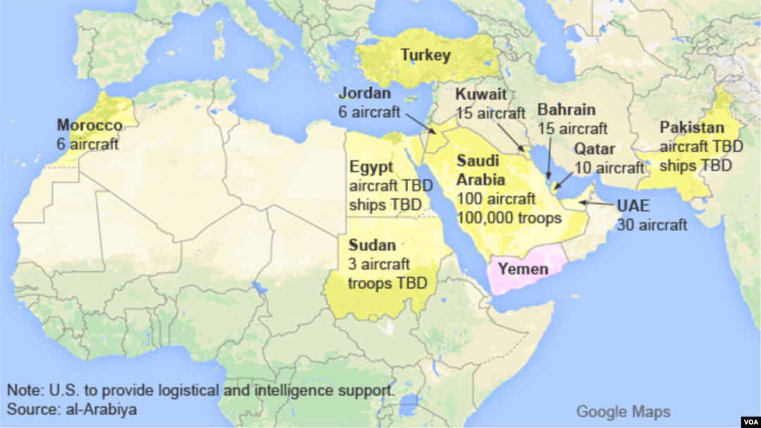 Map showing members of the Saudi-led coalition against rebels in Yemen