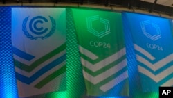 Eventail de drapeaux pour accueillir les participants à la COP24, le 1er décembre 2018, à Katowice, en Pologne. (Photo AP / Frank Jordans)
