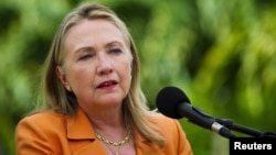 US Secretary of State Hillary Clinton speaks during a joint news conference with New Zealand's Prime Minister John Key (not pictured) in Rarotonga August 31, 2012.