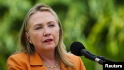 US Secretary of State Hillary Clinton speaks during a joint news conference with New Zealand's Prime Minister John Key (not pictured) in Rarotonga August 31, 2012.