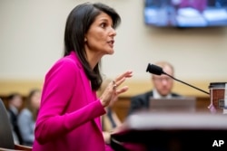 U.S. Ambassador to the UN Nikki Haley testifies on Capitol Hill in Washington, June 28, 2017, before the House Foreign Affairs Committee hearing: "Advancing U.S. Interests at the United Nations."