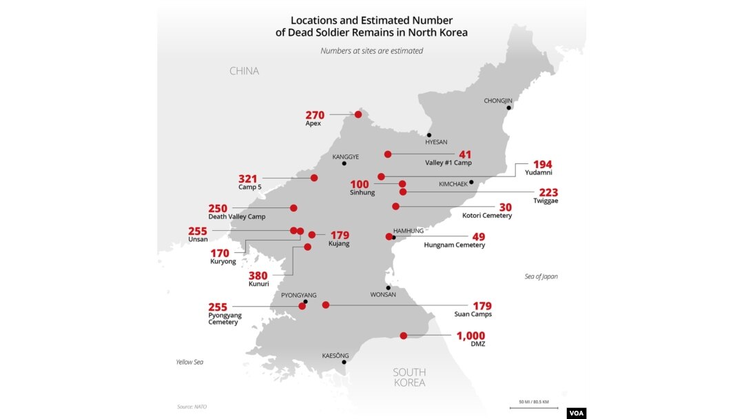 Locations of U.S. soldiers' remains in North Korea.