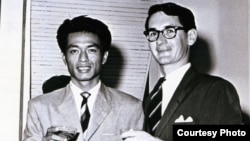 Milton Osborne (right) with his oldest Cambodian friend, Prince Sisowath Phandaravong at the British Embassy in Phnom Penh in July 1961. (Courtesy photo of Milton Osborne) 