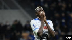 Napoli's Nigerian forward Victor Osimhen reacts during the Italian Serie A football match between Inter and Napoli, at the San Siro Stadium in Milan. Taken 11.21.2021
