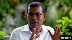 FILE - Former Maldives President Mohamed Nasheed speaks during an interview in Colombo, Sri Lanka, June 4, 2018. 