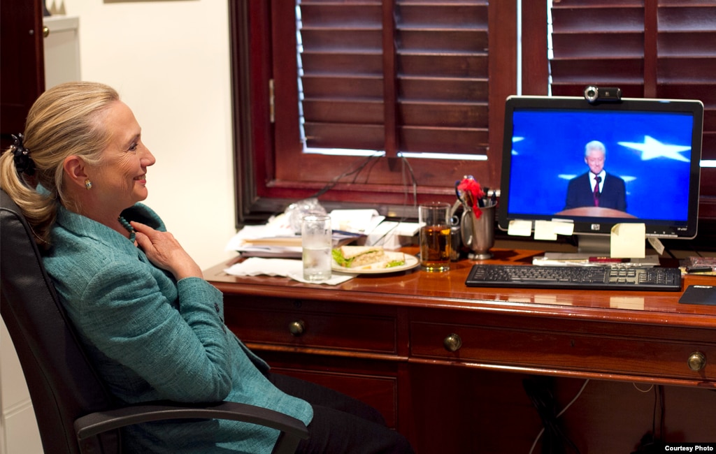 U.S. Secretary of State Hillary Clinton watching a replay of former president Bill Clinton&#39;s speech at the Democratic National Convention, September 6, 2012.