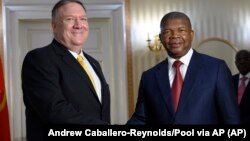 Angola President, Joao Lourenco, right, meets with US Secretary of State, Mike Pompeo at the Presidential Palace in Luanda, Angola, Monday Feb. 17, 2020. Pompeo started his tour of Africa in Senegal, the first U.S. Cabinet official to visit in more than 18 months. He left Senegal