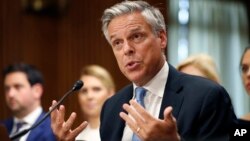 Former Utah Gov. Jon Huntsman testifies during a hearing of the Senate Foreign Relations Committee on his nomination to become the U.S. ambassador to Russia, Sept. 19, 2017 in Washington. The U.S. Senate confirmed his nomination.