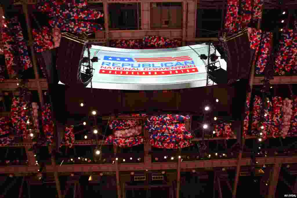 More than 100,000 colored balloons are stored at the ceiling, awaiting the balloon drop after Donald Trump speaks Thursday night, at the Republican National Convention, in Cleveland, July 19, 2016.
