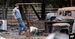 Gary Herrin angrily kicks at an old Chevrolet pickup truck destroyed in a wildfire several days earlier as he visits the family home for the first time since it burned down, Sept. 15, 2015, in Middletown, Calif.