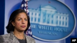 FILE - National Security Adviser Susan Rice listens to reporters questions during a briefing at the White House.