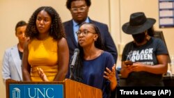 Taliajah "Teddy" Vann speaks on July 7, 2021 at a press event held by Black organizations at the University of North Carolina. They gave a list of demands for the future of UNC's Black Community due to safety concerns. (Travis Long/The News & Observer via AP)