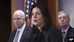 Senate Armed Service Committee member Sen. Kelly Ayotte, R-N.H., center, flanked by committee chairman Sen. John McCain, R-Ariz., left, and fellow committee member Sen. Lindsey Graham, R-S.C., speaks during a news conference on Capitol Hill in Washington, Jan. 21, 2016, regarding developments with Iran and criticizing the Iran deal.