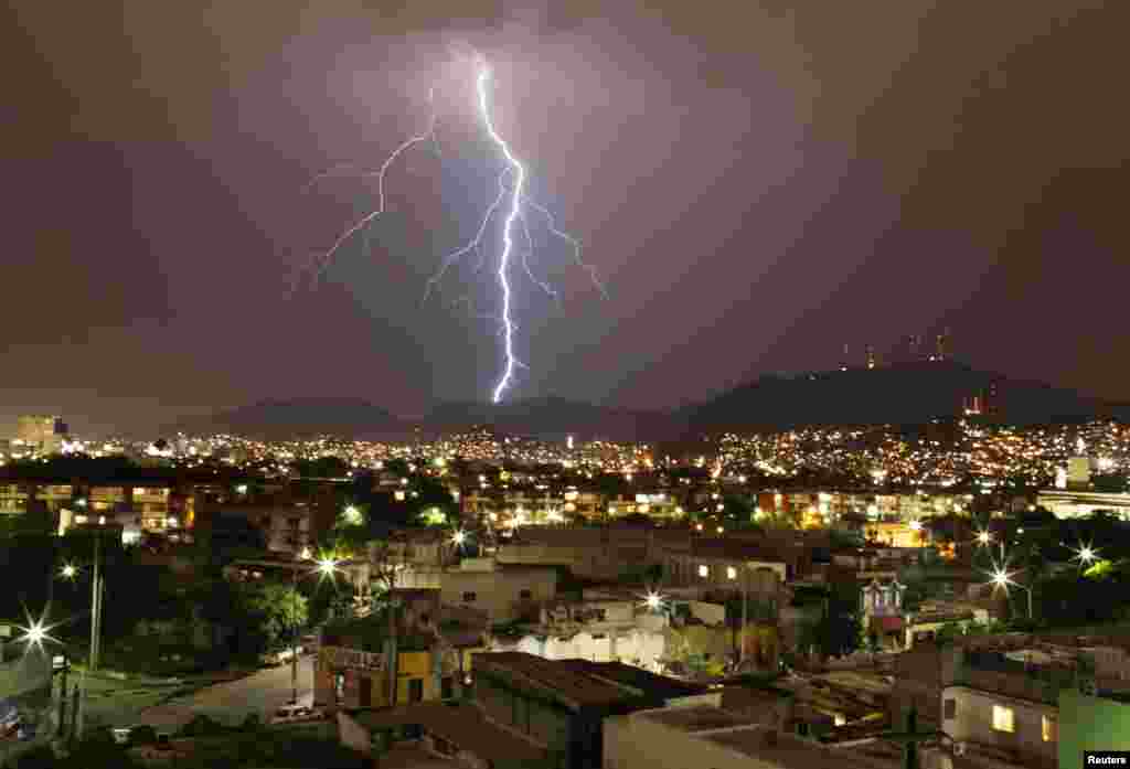 Lightning illuminates the sky over downtown Monterrey, Mexico, May 28, 2014.