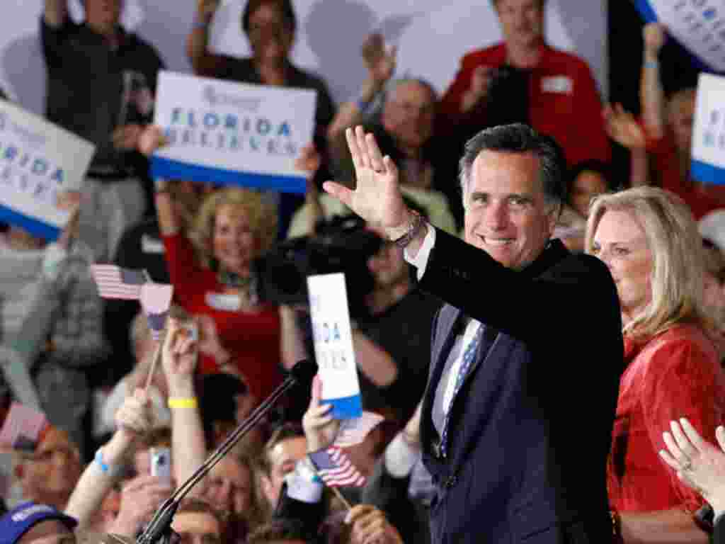 Republican presidential candidate Mitt Romney celebrates his Florida primary election win at the Tampa Convention Center on January 31, 2012. (AP)