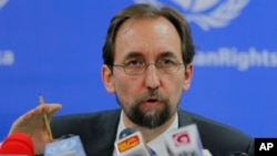 FILE - United Nations High Commissioner for Human Rights Zeid Ra’ad al-Hussein speaks in Colombo, Sri Lanka.