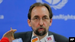 FILE - United Nations High Commissioner for Human Rights Zeid Ra’ad al-Hussein speaks in Colombo, Sri Lanka.