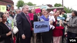 Colombia-born Catalina Cruz (holding baby) at her June 2018 campaign kick-off in Jackson Heights, Queens, in New York. 