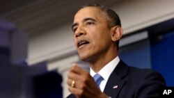 President Barack Obama speaks about the budget battle from the Brady Press Briefing Room at the White House in Washington, Sept. 30, 2013. 